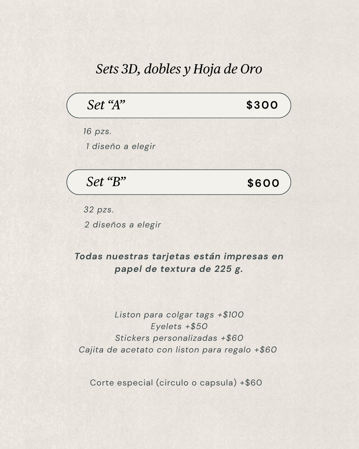 Precios tags 3D, dobles y hoja de oro